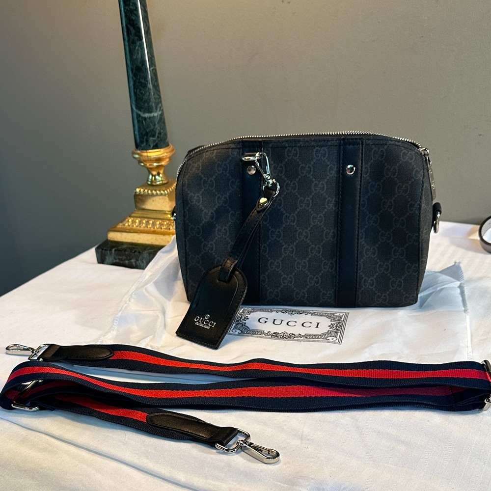 Black Supreme Small Crossbody with Red and Navy Stripe Strap